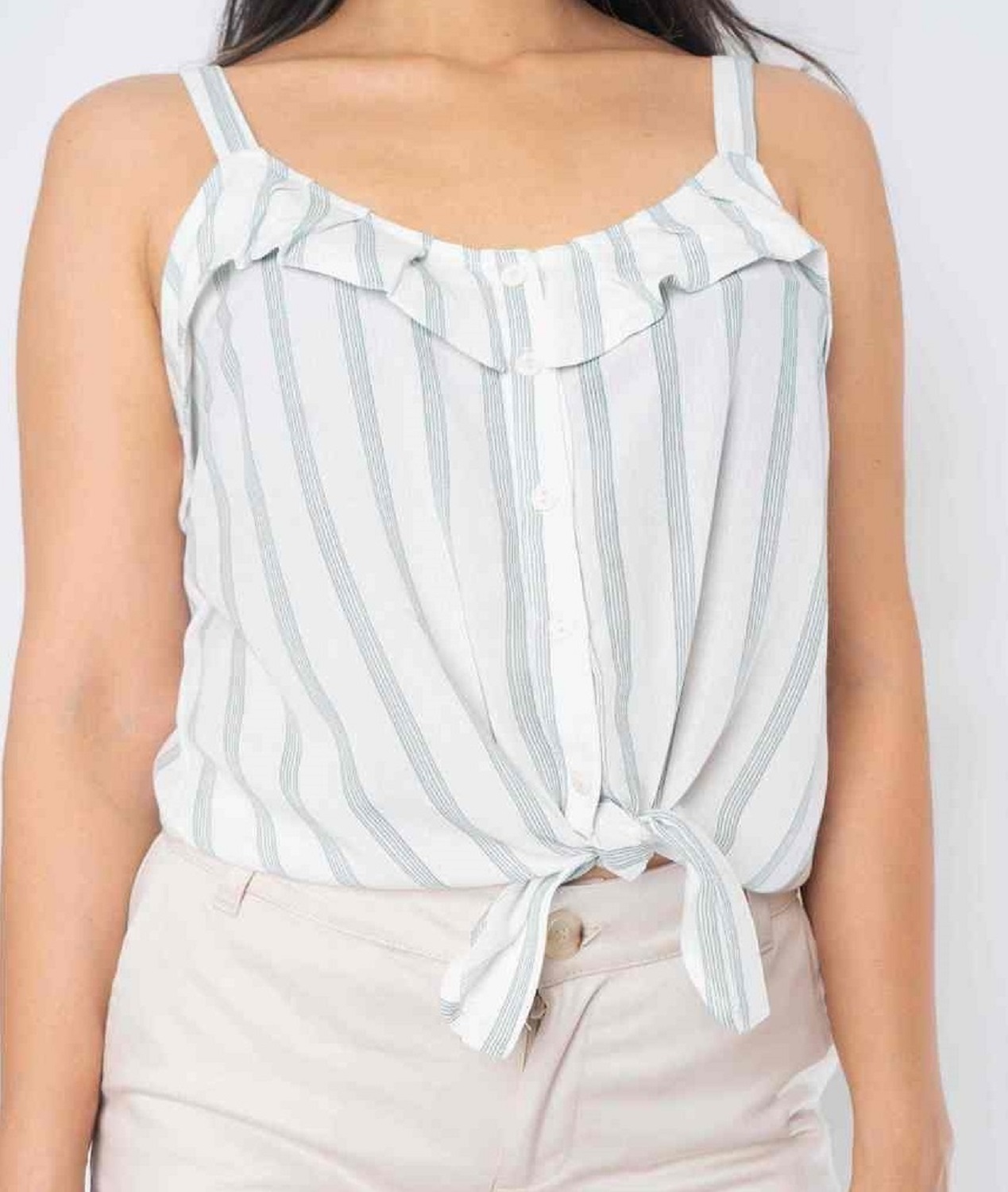 BLUSA AMARRE CON BOBOS FRONTAL BLANCA RAYAS AZULES